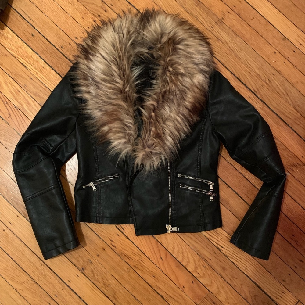 Faux fur and leather motorcycle jacket